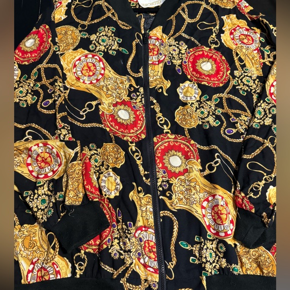 90s Baroque Black Gold Chain Clock Pattern Versace Style Print Bomber Jacket - Picture 12 of 12